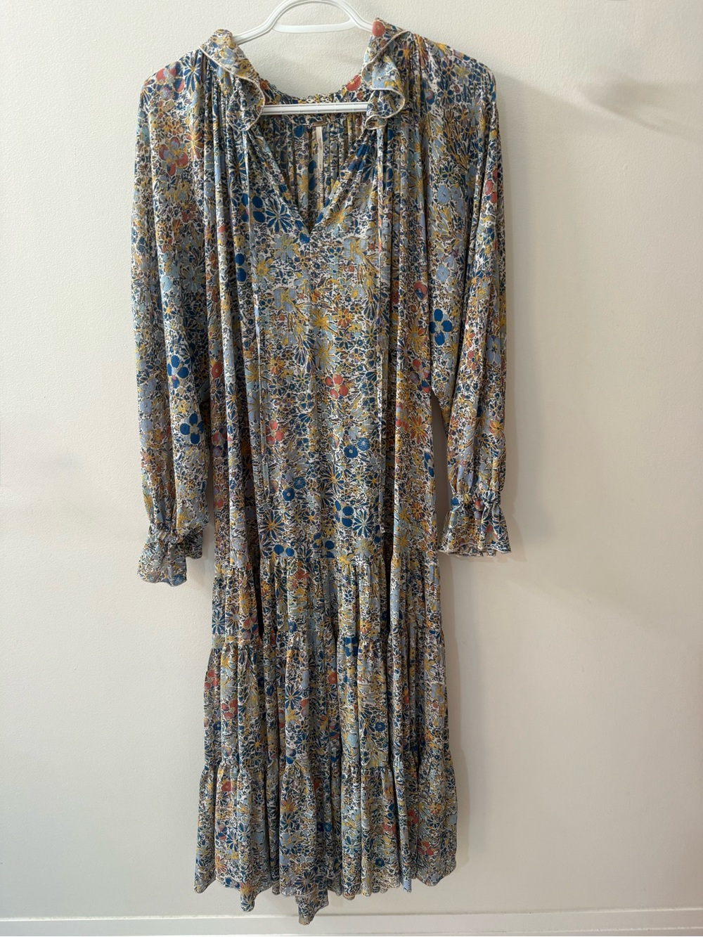 Free People Blue Multi Floral Tiered Long-Sleeve Maxi Dress